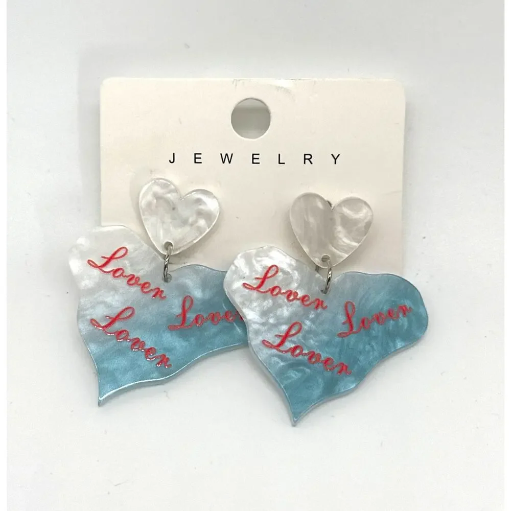 Double Heart Lover Earrings Silver Tone Backs Romantic Dangle Statement Swiftie
